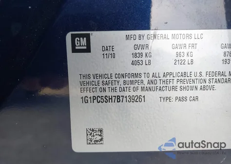 2011 Chevrolet Cruze Ls z USA, uszkodzony, nr VIN 1G1PC5SH7B7139261